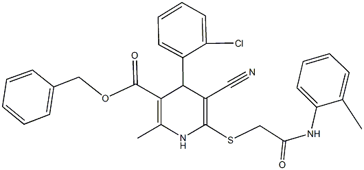 benzyl 4-(2-chlorophenyl)-5-cyano-2-methyl-6-{[2-oxo-2-(2-toluidino)ethyl]sulfanyl}-1,4-dihydro-3-pyridinecarboxylate Struktur