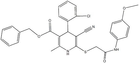 benzyl 4-(2-chlorophenyl)-5-cyano-6-{[2-(4-methoxyanilino)-2-oxoethyl]sulfanyl}-2-methyl-1,4-dihydro-3-pyridinecarboxylate 化学構造式