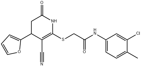 N-(3-chloro-4-methylphenyl)-2-{[3-cyano-4-(2-furyl)-6-oxo-1,4,5,6-tetrahydro-2-pyridinyl]sulfanyl}acetamide 化学構造式