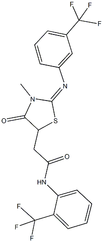 2-(3-methyl-4-oxo-2-{[3-(trifluoromethyl)phenyl]imino}-1,3-thiazolidin-5-yl)-N-[2-(trifluoromethyl)phenyl]acetamide 化学構造式
