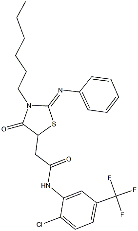 N-[2-chloro-5-(trifluoromethyl)phenyl]-2-[3-hexyl-4-oxo-2-(phenylimino)-1,3-thiazolidin-5-yl]acetamide Struktur