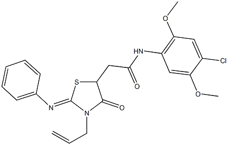 2-[3-allyl-4-oxo-2-(phenylimino)-1,3-thiazolidin-5-yl]-N-(4-chloro-2,5-dimethoxyphenyl)acetamide 化学構造式