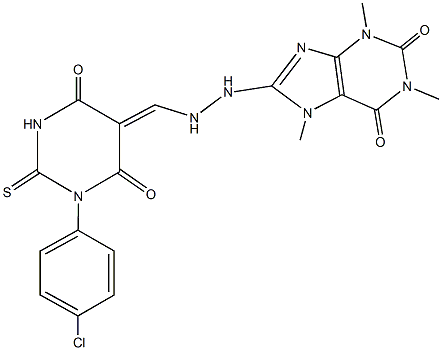 8-{2-[(1-(4-chlorophenyl)-4,6-dioxo-2-thioxotetrahydro-5(2H)-pyrimidinylidene)methyl]hydrazino}-1,3,7-trimethyl-3,7-dihydro-1H-purine-2,6-dione 化学構造式