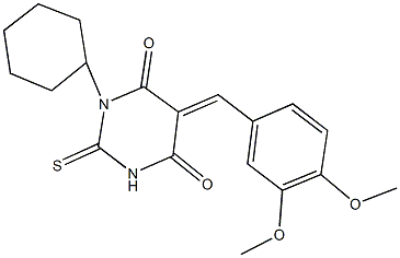 1-cyclohexyl-5-(3,4-dimethoxybenzylidene)-2-thioxodihydro-4,6(1H,5H)-pyrimidinedione Struktur