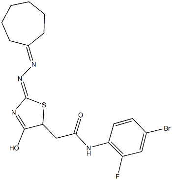 N-(4-bromo-2-fluorophenyl)-2-[2-(cycloheptylidenehydrazono)-4-hydroxy-2,5-dihydro-1,3-thiazol-5-yl]acetamide 化学構造式