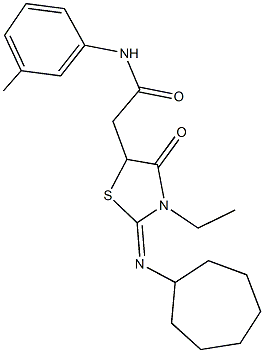 2-[2-(cycloheptylimino)-3-ethyl-4-oxo-1,3-thiazolidin-5-yl]-N-(3-methylphenyl)acetamide 化学構造式