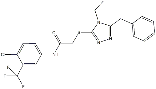 2-[(5-benzyl-4-ethyl-4H-1,2,4-triazol-3-yl)sulfanyl]-N-[4-chloro-3-(trifluoromethyl)phenyl]acetamide 化学構造式