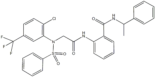 2-({[2-chloro(phenylsulfonyl)-5-(trifluoromethyl)anilino]acetyl}amino)-N-(1-phenylethyl)benzamide Structure