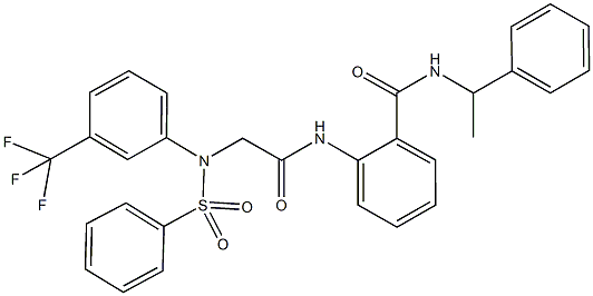 N-(1-phenylethyl)-2-({[(phenylsulfonyl)-3-(trifluoromethyl)anilino]acetyl}amino)benzamide Struktur