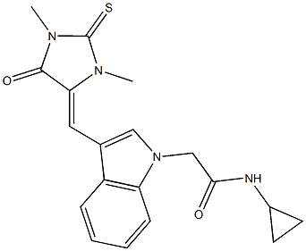N-cyclopropyl-2-{3-[(1,3-dimethyl-5-oxo-2-thioxo-4-imidazolidinylidene)methyl]-1H-indol-1-yl}acetamide 结构式
