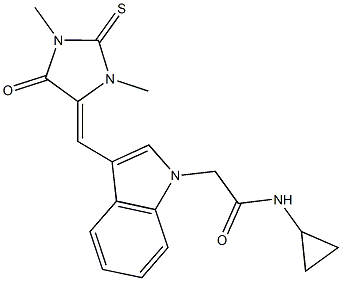 N-cyclopropyl-2-{3-[(1,3-dimethyl-5-oxo-2-thioxo-4-imidazolidinylidene)methyl]-1H-indol-1-yl}acetamide Struktur