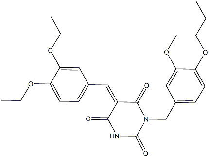 5-(3,4-diethoxybenzylidene)-1-(3-methoxy-4-propoxybenzyl)-2,4,6(1H,3H,5H)-pyrimidinetrione 结构式