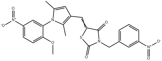 3-{3-nitrobenzyl}-5-[(1-{5-nitro-2-methoxyphenyl}-2,5-dimethyl-1H-pyrrol-3-yl)methylene]-1,3-thiazolidine-2,4-dione Struktur