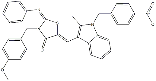 5-[(1-{4-nitrobenzyl}-2-methyl-1H-indol-3-yl)methylene]-3-(4-methoxybenzyl)-2-(phenylimino)-1,3-thiazolidin-4-one 结构式