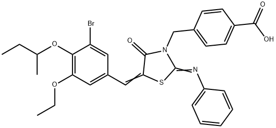 4-{[5-(3-bromo-4-sec-butoxy-5-ethoxybenzylidene)-4-oxo-2-(phenylimino)-1,3-thiazolidin-3-yl]methyl}benzoic acid 化学構造式