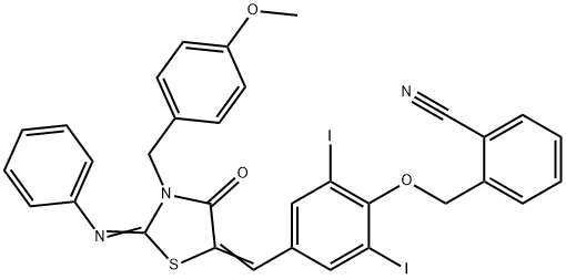 664349-38-6 2-[(2,6-diiodo-4-{[3-(4-methoxybenzyl)-4-oxo-2-(phenylimino)-1,3-thiazolidin-5-ylidene]methyl}phenoxy)methyl]benzonitrile