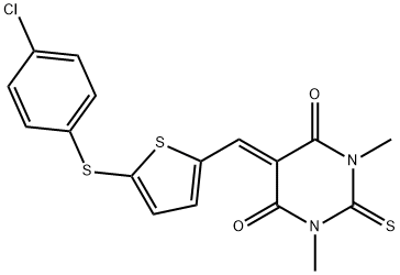 5-({5-[(4-chlorophenyl)sulfanyl]thien-2-yl}methylene)-1,3-dimethyl-2-thioxodihydropyrimidine-4,6(1H,5H)-dione Structure