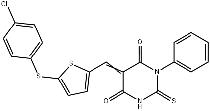 5-({5-[(4-chlorophenyl)sulfanyl]thien-2-yl}methylene)-1-phenyl-2-thioxodihydropyrimidine-4,6(1H,5H)-dione Struktur
