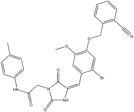 2-(4-{2-bromo-4-[(2-cyanobenzyl)oxy]-5-methoxybenzylidene}-2,5-dioxo-1-imidazolidinyl)-N-(4-methylphenyl)acetamide,664353-07-5,结构式