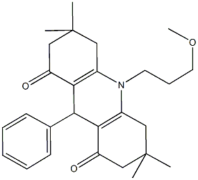 10-(3-methoxypropyl)-3,3,6,6-tetramethyl-9-phenyl-3,4,6,7,9,10-hexahydroacridine-1,8(2H,5H)-dione,664353-23-5,结构式