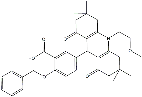 2-(benzyloxy)-5-[10-(2-methoxyethyl)-3,3,6,6-tetramethyl-1,8-dioxo-1,2,3,4,5,6,7,8,9,10-decahydroacridin-9-yl]benzoic acid Struktur