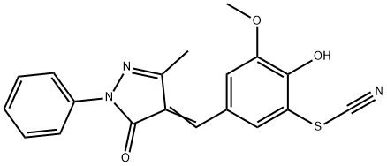 2-hydroxy-3-methoxy-5-[(3-methyl-5-oxo-1-phenyl-1,5-dihydro-4H-pyrazol-4-ylidene)methyl]phenyl thiocyanate 结构式