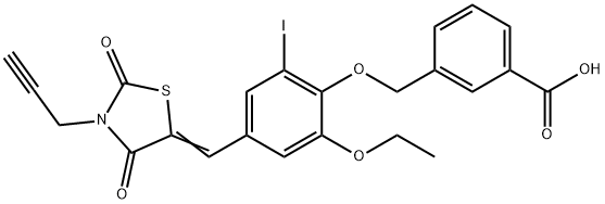 3-({4-[(2,4-dioxo-3-prop-2-ynyl-1,3-thiazolidin-5-ylidene)methyl]-2-ethoxy-6-iodophenoxy}methyl)benzoic acid 化学構造式