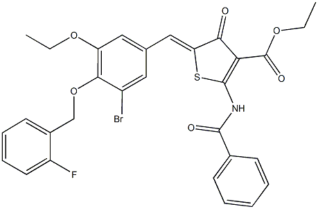 ethyl 2-(benzoylamino)-5-{3-bromo-5-ethoxy-4-[(2-fluorobenzyl)oxy]benzylidene}-4-oxo-4,5-dihydro-3-thiophenecarboxylate Structure