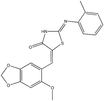 5-[(6-methoxy-1,3-benzodioxol-5-yl)methylene]-2-[(2-methylphenyl)imino]-1,3-thiazolidin-4-one 化学構造式
