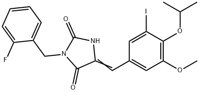 3-(2-fluorobenzyl)-5-(3-iodo-4-isopropoxy-5-methoxybenzylidene)-2,4-imidazolidinedione 化学構造式