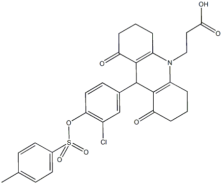 3-(9-(3-chloro-4-{[(4-methylphenyl)sulfonyl]oxy}phenyl)-1,8-dioxo-2,3,4,5,6,7,8,9-octahydro-10(1H)-acridinyl)propanoic acid 化学構造式