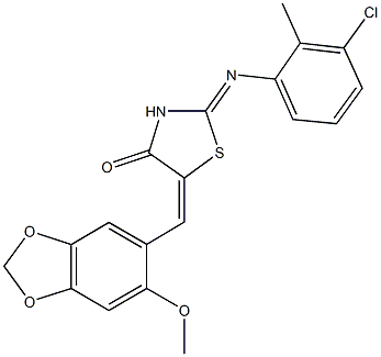 2-[(3-chloro-2-methylphenyl)imino]-5-[(6-methoxy-1,3-benzodioxol-5-yl)methylene]-1,3-thiazolidin-4-one,664356-95-0,结构式