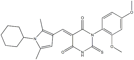 5-[(1-cyclohexyl-2,5-dimethyl-1H-pyrrol-3-yl)methylene]-1-(2,4-dimethoxyphenyl)-2-thioxodihydro-4,6(1H,5H)-pyrimidinedione,664357-03-3,结构式