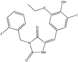 5-(3-ethoxy-4-hydroxy-5-iodobenzylidene)-3-(2-fluorobenzyl)-2,4-imidazolidinedione Struktur