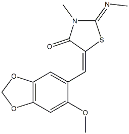 5-[(6-methoxy-1,3-benzodioxol-5-yl)methylene]-3-methyl-2-(methylimino)-1,3-thiazolidin-4-one 化学構造式