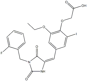(2-ethoxy-4-{[1-(2-fluorobenzyl)-2,5-dioxo-4-imidazolidinylidene]methyl}-6-iodophenoxy)acetic acid Structure