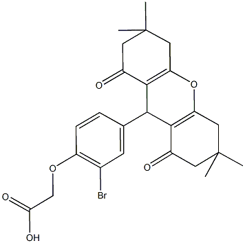 [2-bromo-4-(3,3,6,6-tetramethyl-1,8-dioxo-2,3,4,5,6,7,8,9-octahydro-1H-xanthen-9-yl)phenoxy]acetic acid 化学構造式