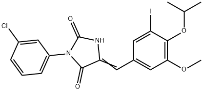 3-(3-chlorophenyl)-5-(3-iodo-4-isopropoxy-5-methoxybenzylidene)-2,4-imidazolidinedione 化学構造式