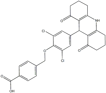 4-{[2,6-dichloro-4-(1,8-dioxo-1,2,3,4,5,6,7,8,9,10-decahydro-9-acridinyl)phenoxy]methyl}benzoic acid 化学構造式