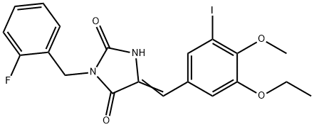 5-(3-ethoxy-5-iodo-4-methoxybenzylidene)-3-(2-fluorobenzyl)-2,4-imidazolidinedione 化学構造式