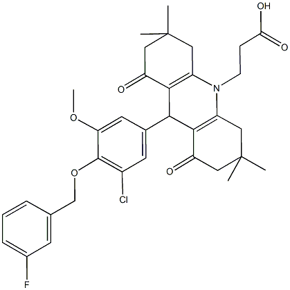 3-(9-{3-chloro-4-[(3-fluorobenzyl)oxy]-5-methoxyphenyl}-3,3,6,6-tetramethyl-1,8-dioxo-2,3,4,5,6,7,8,9-octahydro-10(1H)-acridinyl)propanoic acid 化学構造式