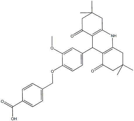 4-{[2-methoxy-4-(3,3,6,6-tetramethyl-1,8-dioxo-1,2,3,4,5,6,7,8,9,10-decahydro-9-acridinyl)phenoxy]methyl}benzoic acid 化学構造式