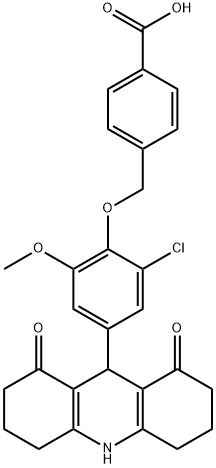 4-{[2-chloro-4-(1,8-dioxo-1,2,3,4,5,6,7,8,9,10-decahydro-9-acridinyl)-6-methoxyphenoxy]methyl}benzoic acid 化学構造式