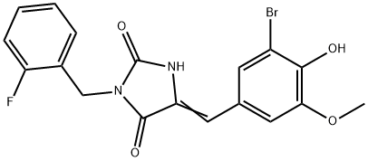 5-(3-bromo-4-hydroxy-5-methoxybenzylidene)-3-(2-fluorobenzyl)-2,4-imidazolidinedione,664359-96-0,结构式