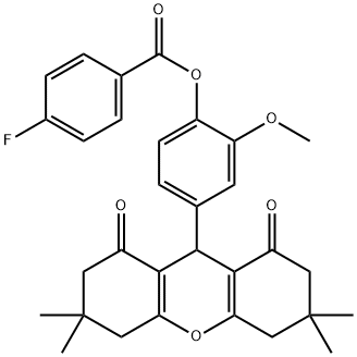 2-methoxy-4-(3,3,6,6-tetramethyl-1,8-dioxo-2,3,4,5,6,7,8,9-octahydro-1H-xanthen-9-yl)phenyl 4-fluorobenzoate 结构式