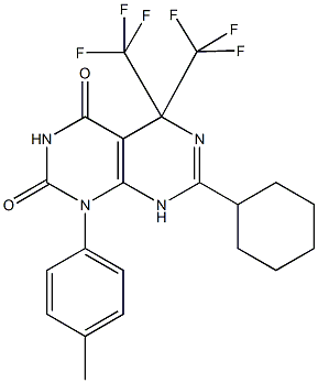 7-cyclohexyl-1-(4-methylphenyl)-5,5-bis(trifluoromethyl)-5,8-dihydropyrimido[4,5-d]pyrimidine-2,4(1H,3H)-dione,664370-27-8,结构式