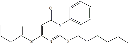 2-(hexylsulfanyl)-3-phenyl-3,5,6,7-tetrahydro-4H-cyclopenta[4,5]thieno[2,3-d]pyrimidin-4-one 结构式