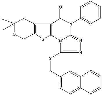 7,7-dimethyl-1-[(2-naphthylmethyl)sulfanyl]-4-phenyl-6,9-dihydro-7H-pyrano[4',3':4,5]thieno[3,2-e][1,2,4]triazolo[4,3-a]pyrimidin-5(4H)-one,664967-70-8,结构式