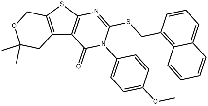 3-(4-methoxyphenyl)-6,6-dimethyl-2-[(1-naphthylmethyl)sulfanyl]-3,5,6,8-tetrahydro-4H-pyrano[4',3':4,5]thieno[2,3-d]pyrimidin-4-one 化学構造式