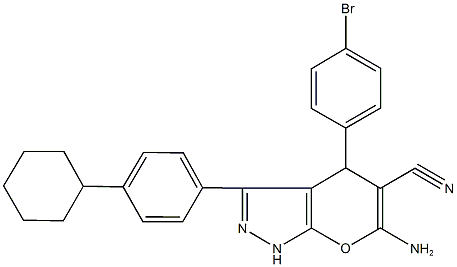 6-amino-4-(4-bromophenyl)-3-(4-cyclohexylphenyl)-1,4-dihydropyrano[2,3-c]pyrazole-5-carbonitrile,664970-03-0,结构式